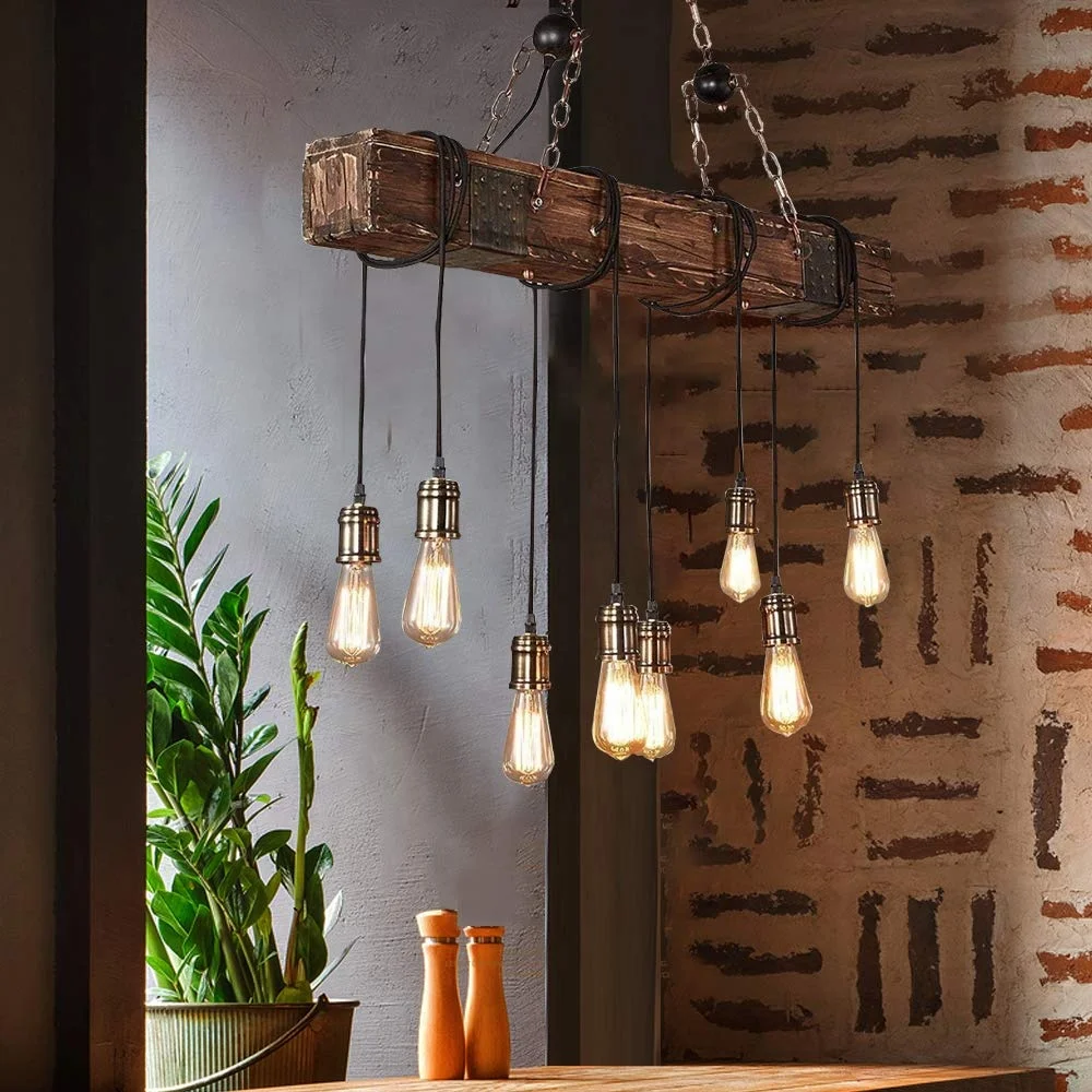 
Indoor retro Hanging Rustic Metal loft Vintage LED lamp Wooden beaded Chandelier Pendant lighting 