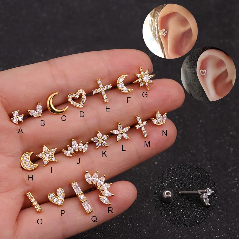 

16G Cz Crown Cross Heart Flower Star Moon Shape Gold Cartilage Earring Helix Piercing Jewelry Rook Conch Tragus Screw Back Stud, Silver / gold