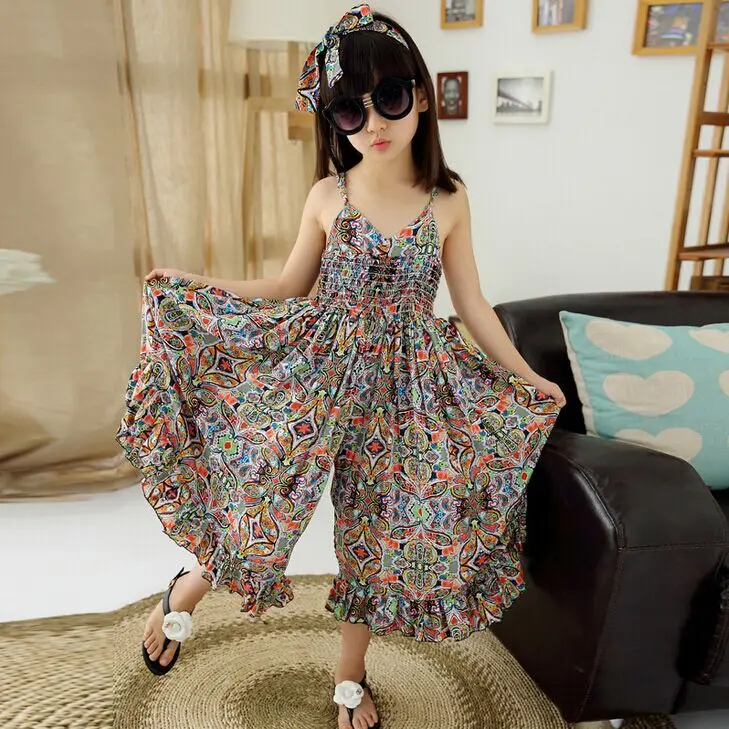 

2018 Bohemian style Parents Child floral dress summer girl sleeveless suspender dress, Light orange;blue