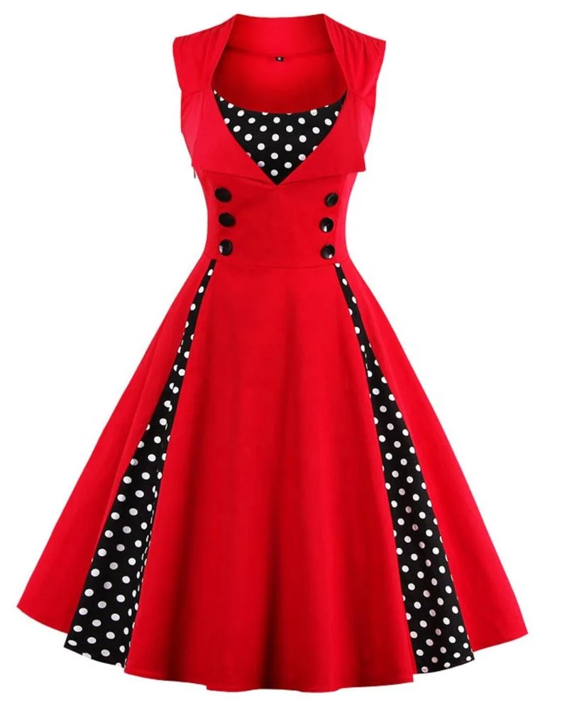 

Amazon FBA Service MXN-1357 Women Lady Big Girls Dresses Party Swing Dress Diamond Neck Polka Dots Buttons Pleated Vintage Dress