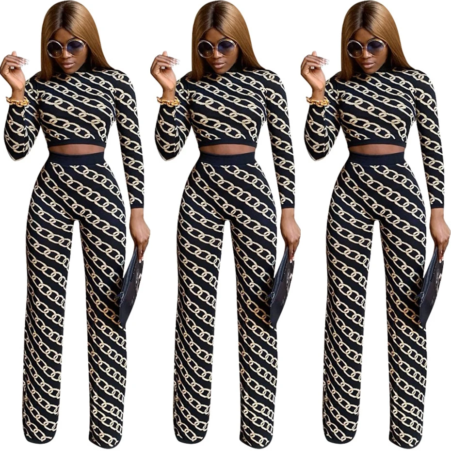 2019 fashion design women clothing long sleeve top wide leg pants two pieces set