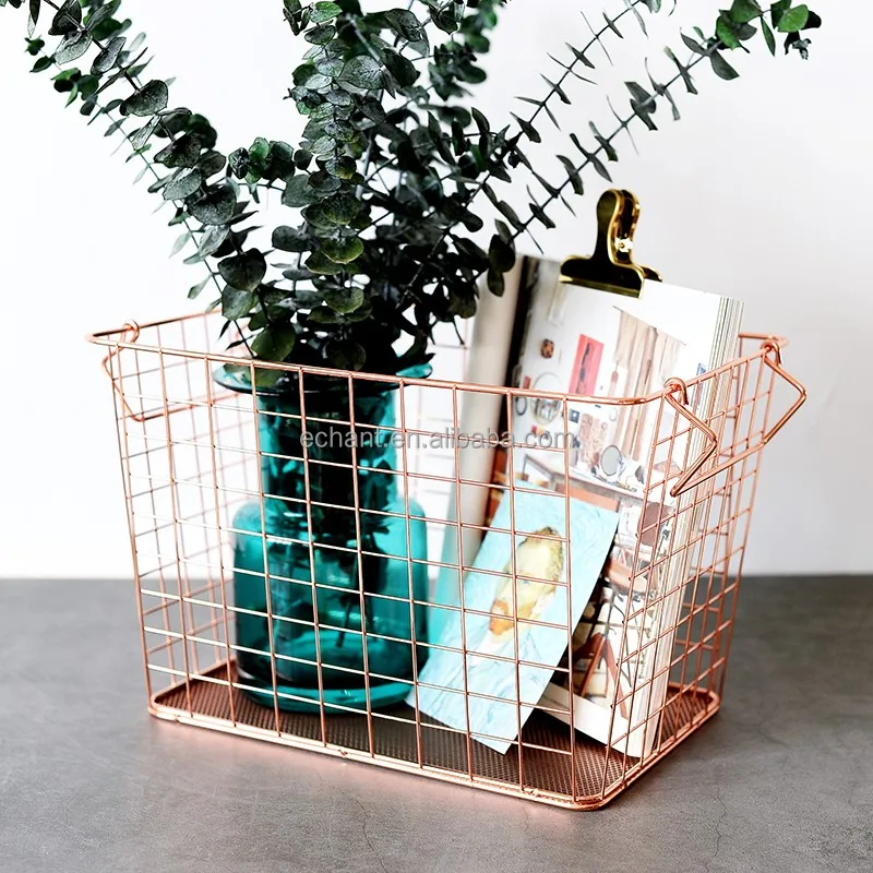 
Low price Large capacity Rectangle Rose Gold Copper Decor Wire Metal fruit laundry toy small Storage Basket stand 