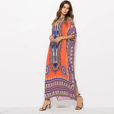 

2019 Hot selling Women's White Ethnic Print Kaftan Maxi Dress Summer Beach Dress free size, 7 color