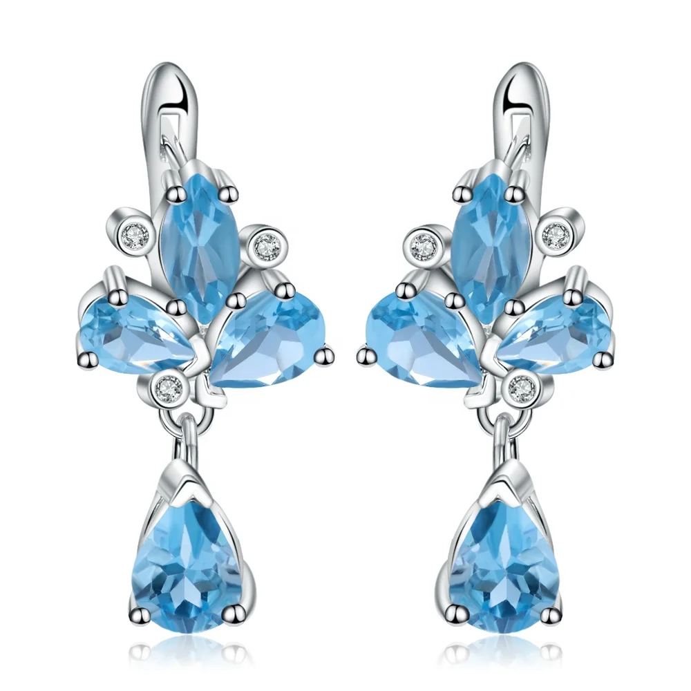 

Abiding Natural Swiss Blue Topaz Gemstone Women Earrings 925 Sterling Silver Flower Earring Findings