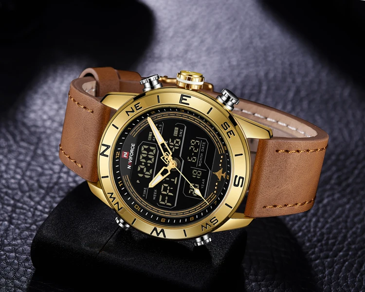Luxury Brand Men NAVIFORCE 9144 Gold Army Military Watch Led Digital Leather Sports Watches Quartz Mens Clock Relogio Masculino