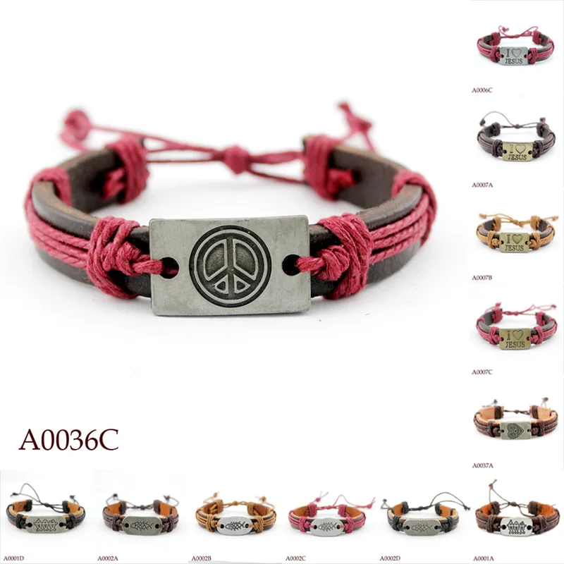 

Heart Peace Sign Christian Jesus Fish Ichthys Charm Adjustable Real Leather Cuff Bracelets, Silver plated