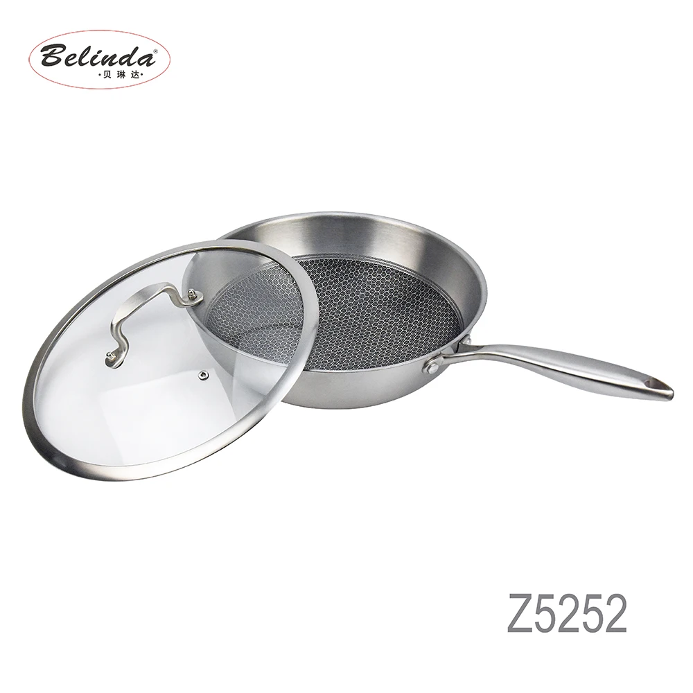 Kitchen Appliance Glass Lid 1.4mm Thickness Stainless Steel Frying Pan with Handle 