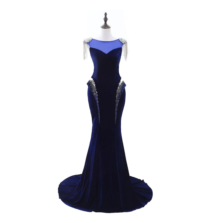 

Dubai Luxury Beaded Velvet Long Evening Dresses Royal Blue Prom Evening Gowns, As image or custom made navy blue evening gown