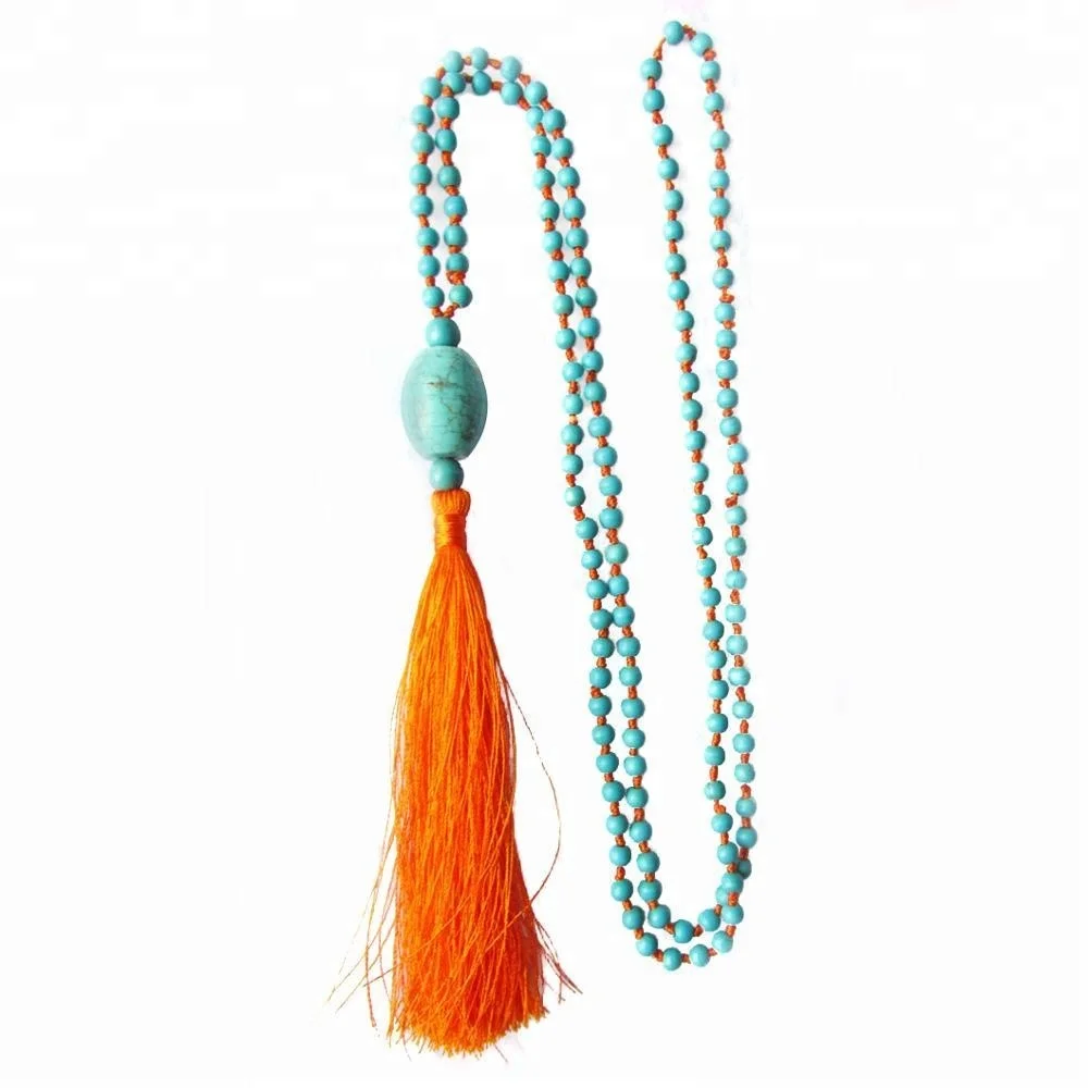 

NE2115 Turquoise beads knotted tassel necklace,chunky beads tassel necklace