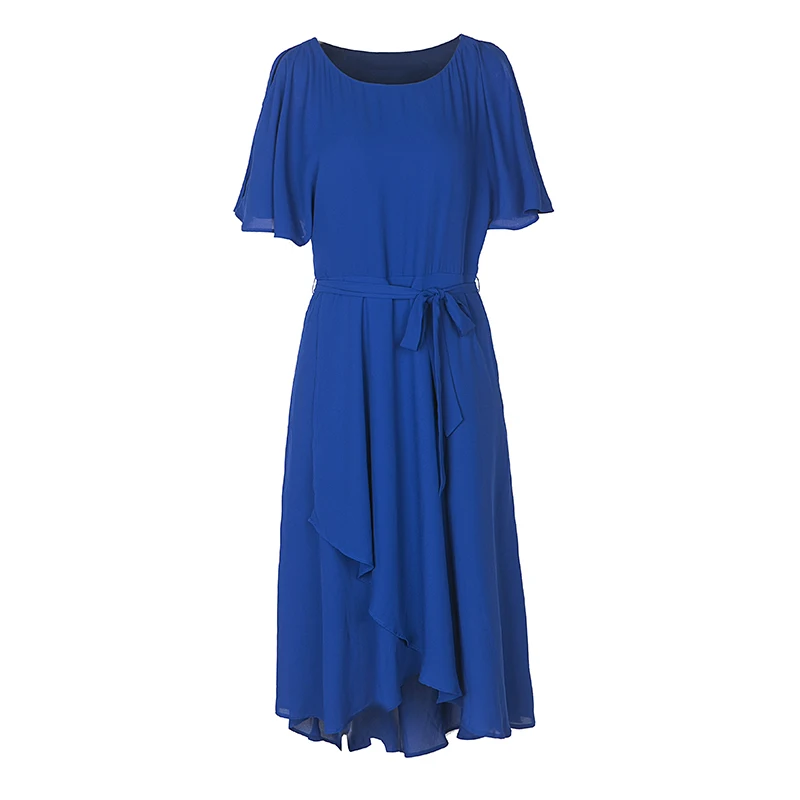 

2019 Blue Black Long Maxi Chiffon Short Flare Sleeve Irregular Hem Split Women Summer Dress