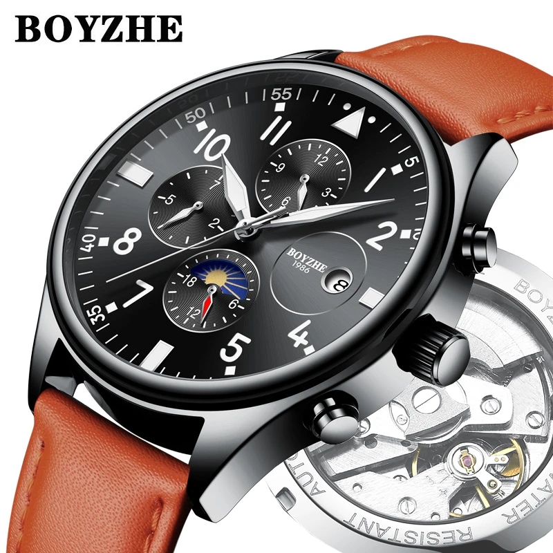 

BOYZHE fashion custom skeleton moon phase leather automatic mechanical male sport watch