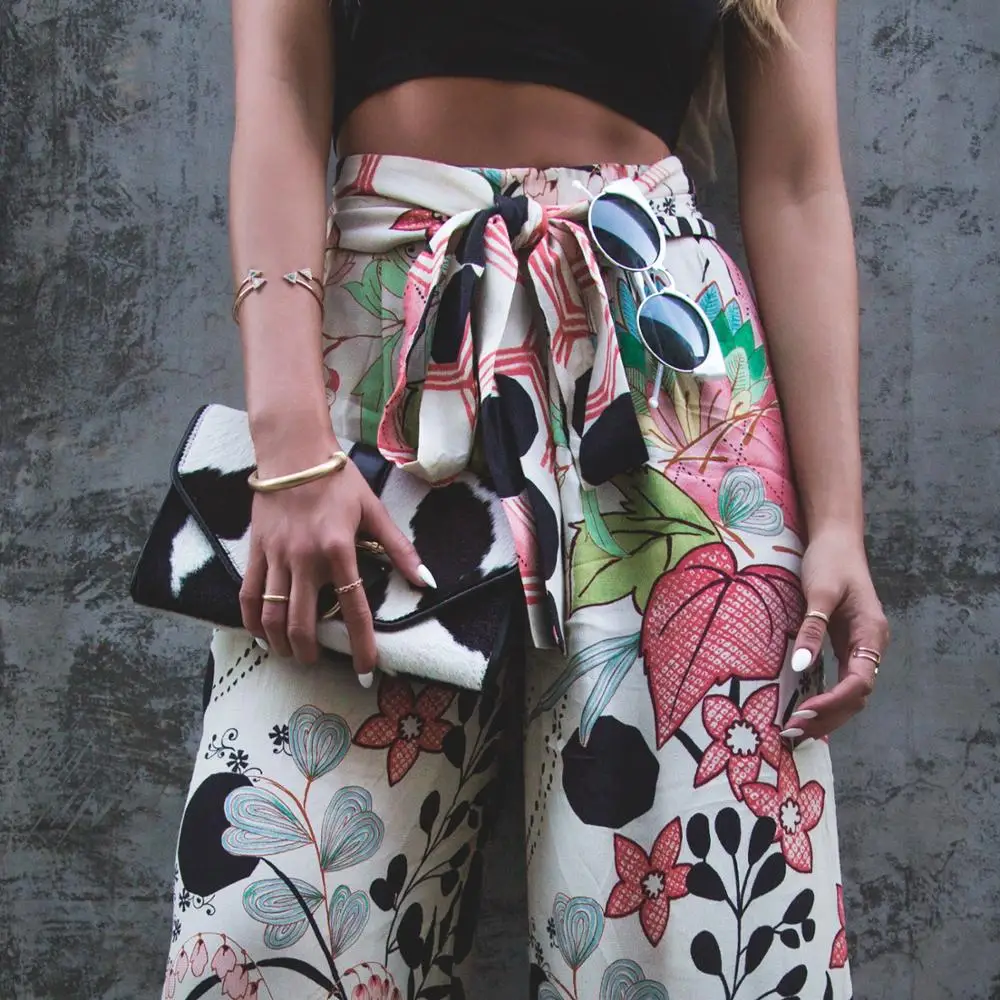 2019 New Arrival Ecowalson new loose printed wide-leg pants trousers with belt