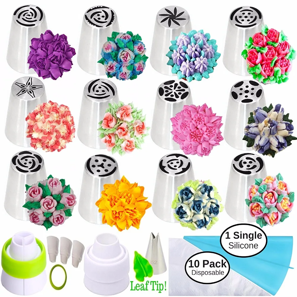 

Russian Piping Tips Russian Nozzles for Cake & Cupcake Icing Decorating 26-Pcs Russian Tips Set Complete with Leaf Tip