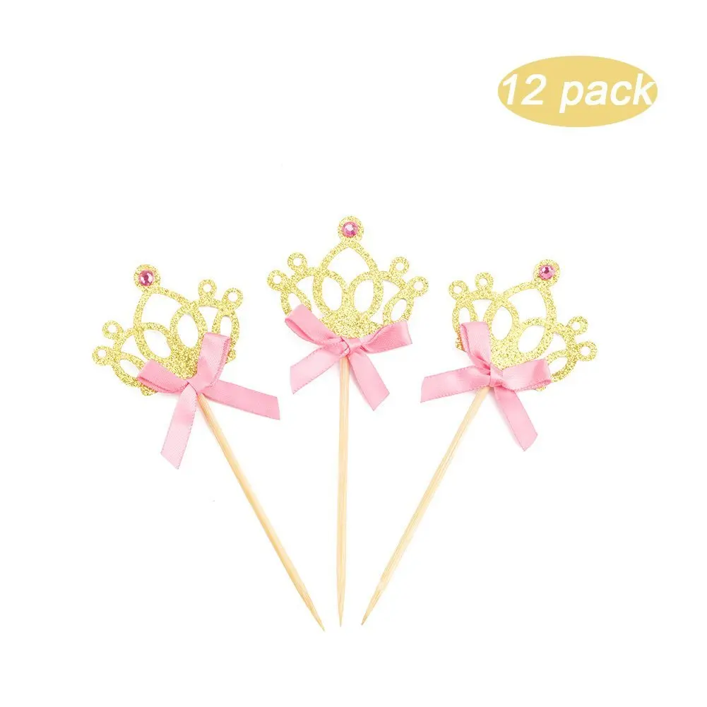 Buy 12 Pcs Pink And Gold Princess Crown Cupcake Topper Bow For
