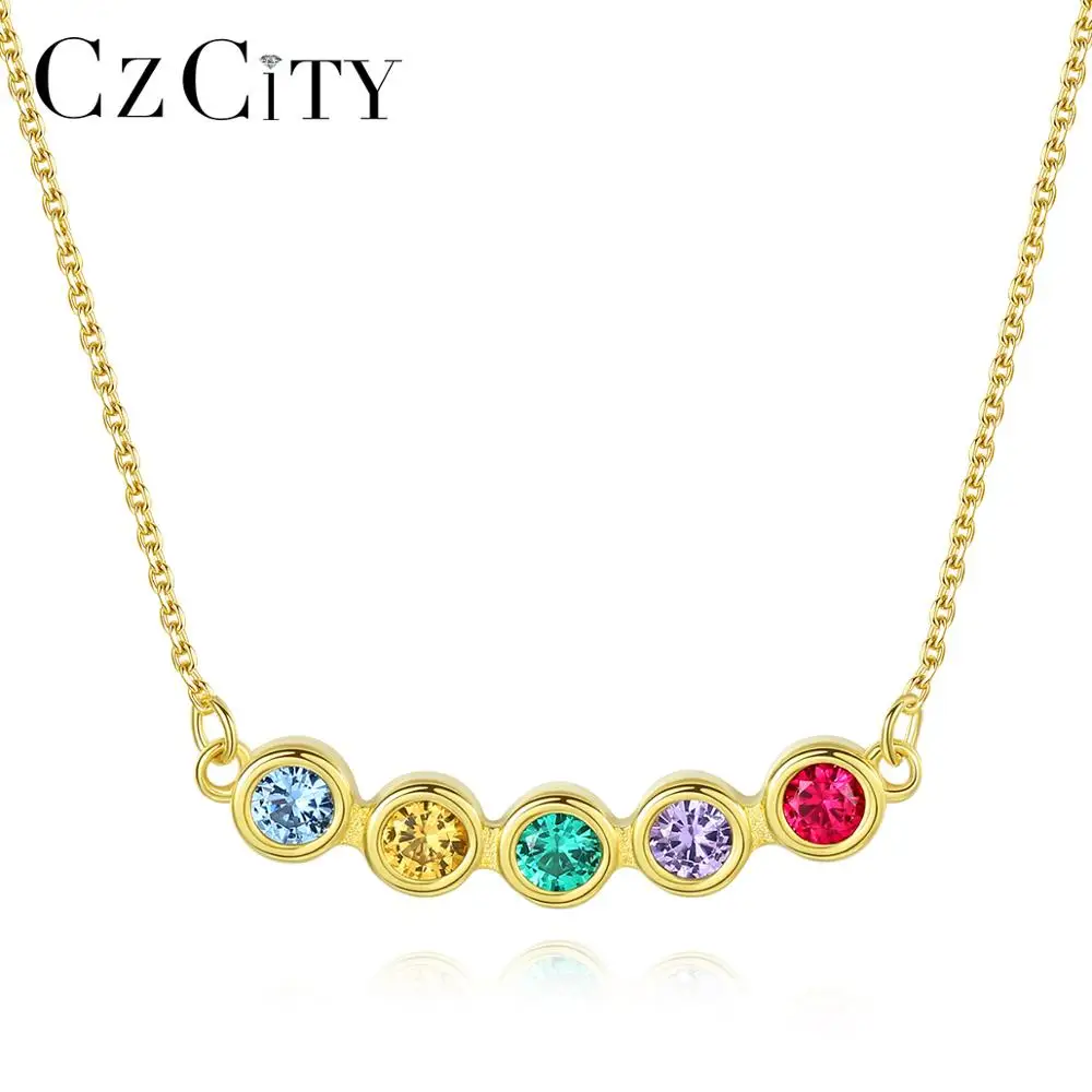 

CZCITY S925 Sterling Silver Jewelry Necklace Trendy Women Rainbow Drop Gemstone Chain Necklace