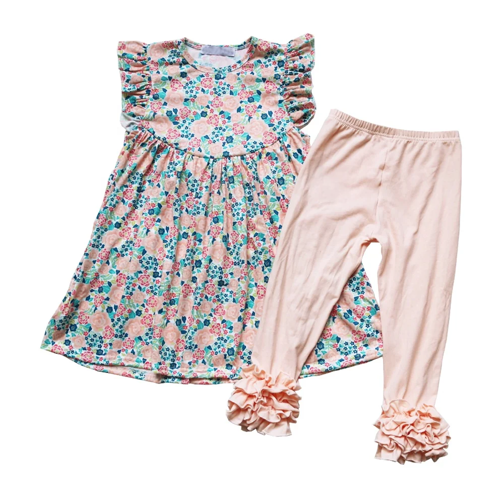 Wholesale Boutique Kids Fancy Clothes Baby Toddler Girls Floral Printed Pearl Tops and Icing Pants Girls Clothing Sets