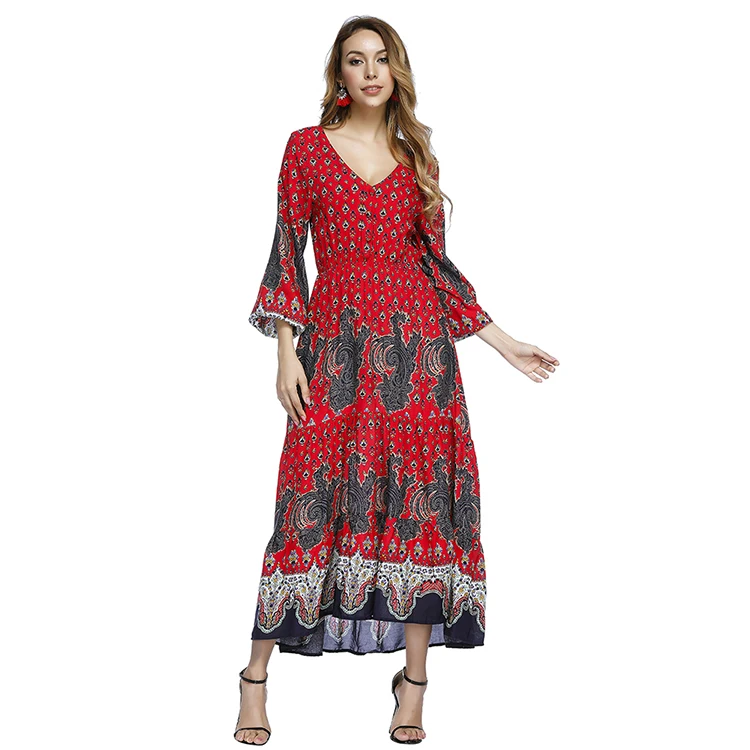 

Wholesale Fashion Women Long Sleeve Casual Boho Floral Print Chiffon Dress, Solid color