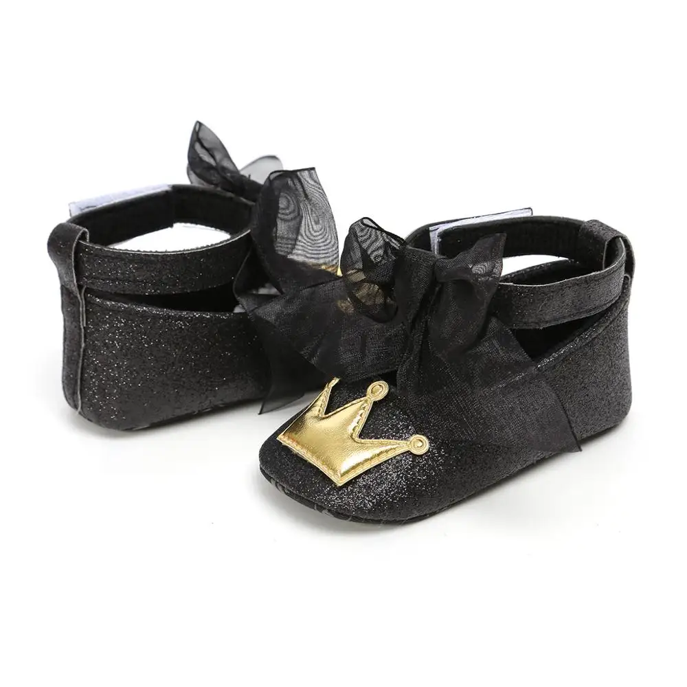 

First Walkers Kids PU Leather Black Shoes Crown Design Girls Dress Shoes Soft Cotton Sole Toddler Children Flats For Baby Girl