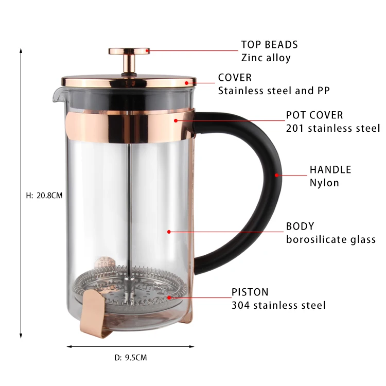 French Press Borosilicate Glass Coffee Pot Rose Gold Coffee Plunger