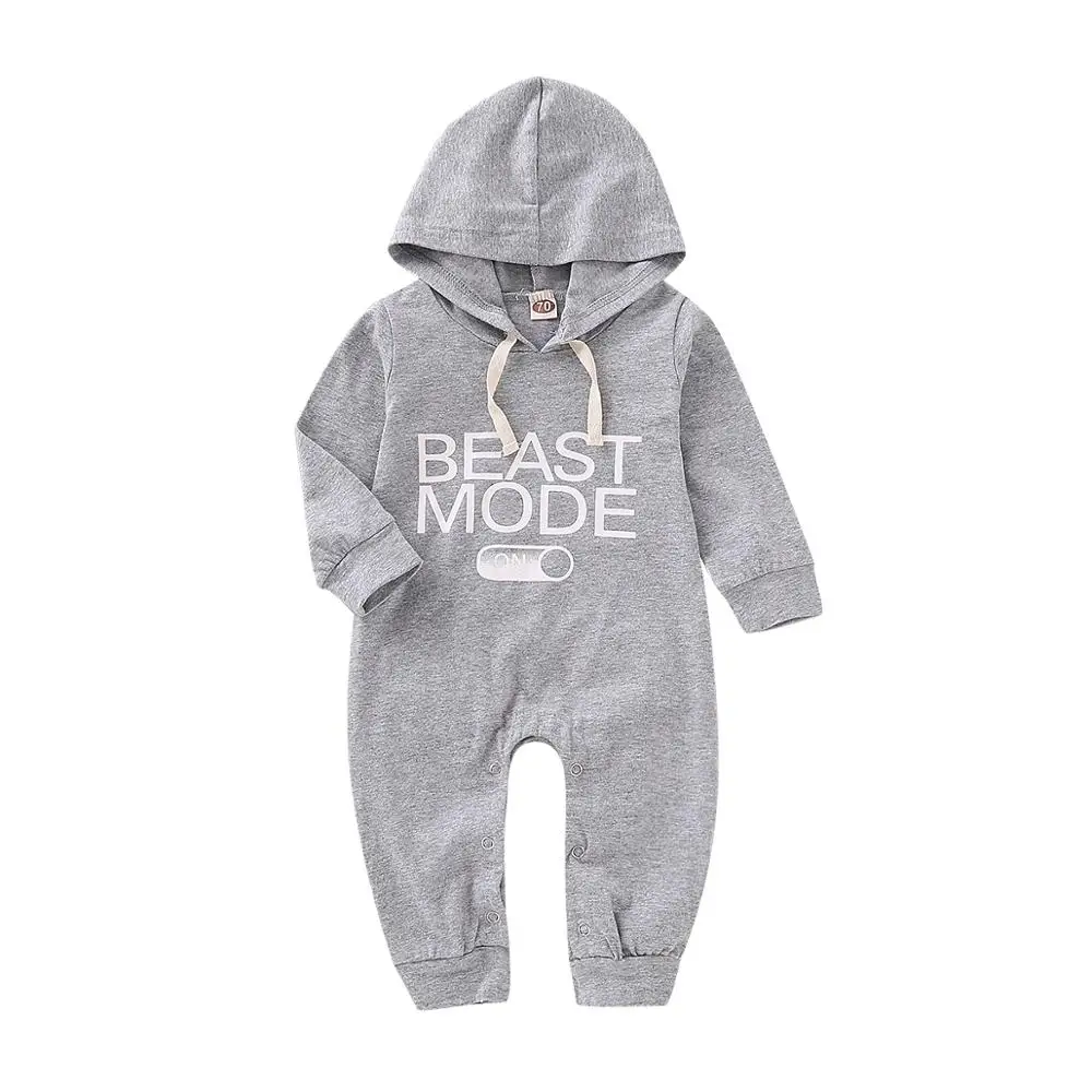 

2019 Brand New 0-24M Infant Kids Baby Girls Boys Autumn Hooded Romper Letter Print Long Sleeve Grey Jumpsuits Playsuit Clothes, As picture