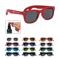 

New folded black UV 400 protective lenses red frames logo printed earpieces bottle opener end multi-function cheap sunglasses