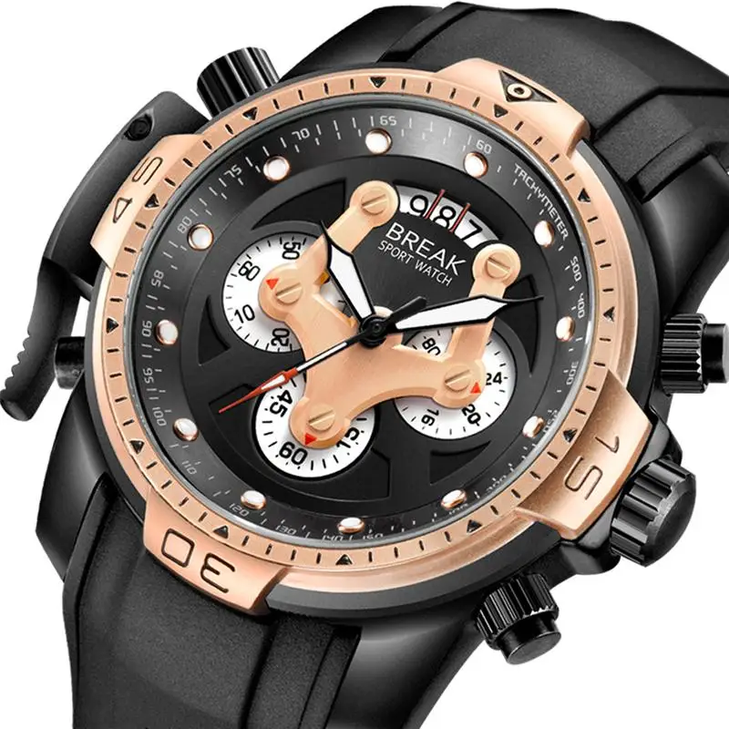 

BREAK 5601 Top Luxury Brand Unique Casual Fashion Rubber Band Sport Wristwatches Man Quartz Chronograph Army Waterproof Watches, 4 color choose