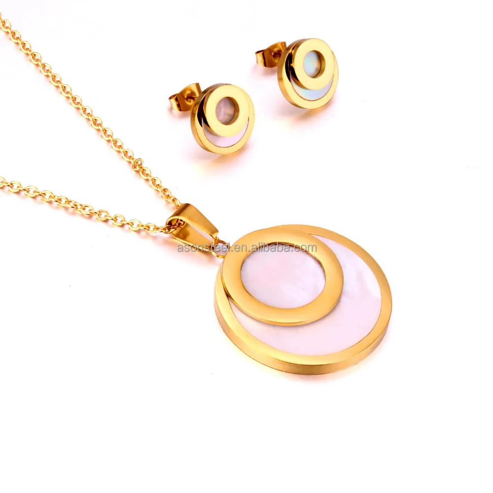 

Hot Sale Double Round Shaped Pearl Shell Center Pendant Necklace 18k Gold Chain Necklace Sets, Silver/gold for optional