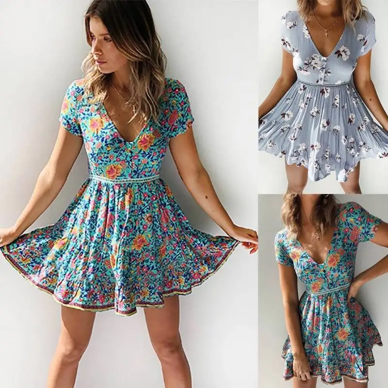 

Womens Boho Floral V Neck Mini Dress Ladies Summer Beach Party Holiday Sundress