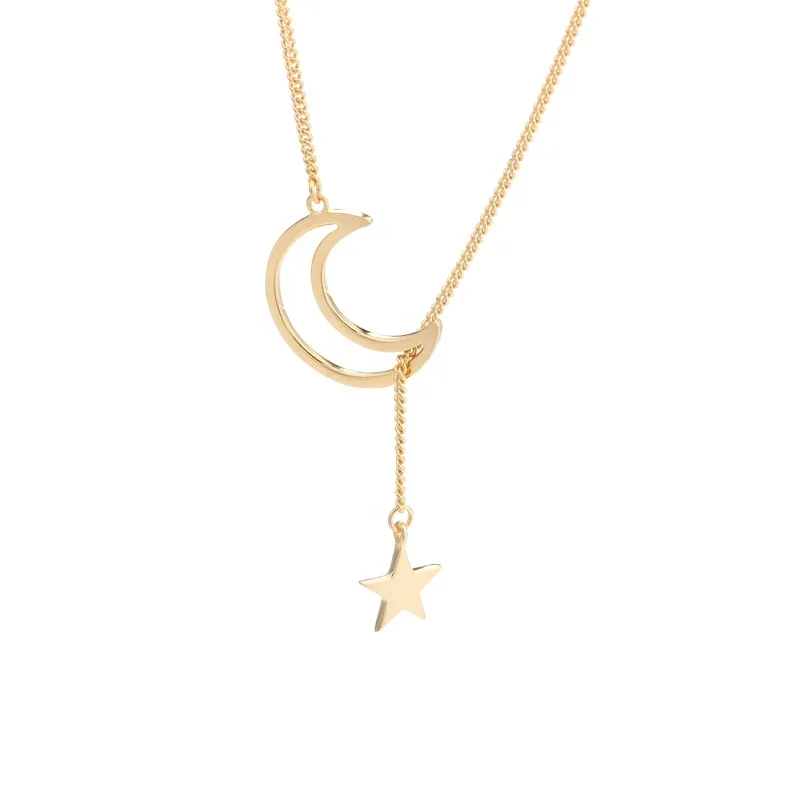 

Elegant Cute 925 Sterling Silver 18K Gold Jewelry Moon Star Hollow Pendant Necklace for Women