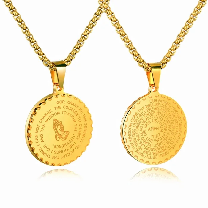 

MECYLIFE Engraved Religious Jewelry Stainless Steel Coin Necklace Mens Prayer Hands Pendant Necklace, Gold;silver;black