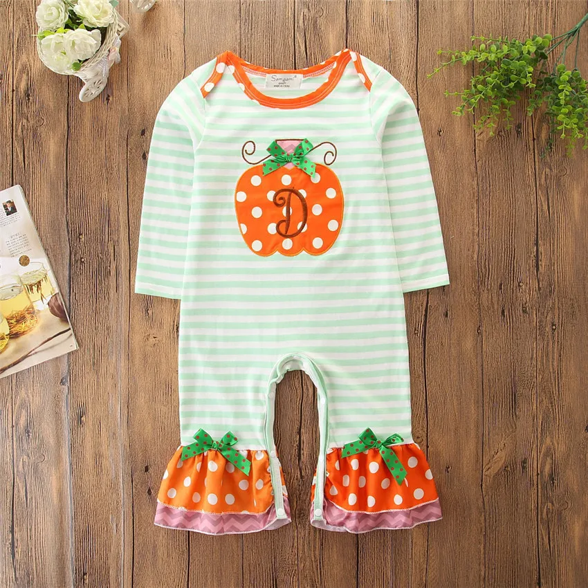 

Halloween bowknot Striped one piece jumpsuit pumpkin embroidery fall boutique clothing romper, Picture