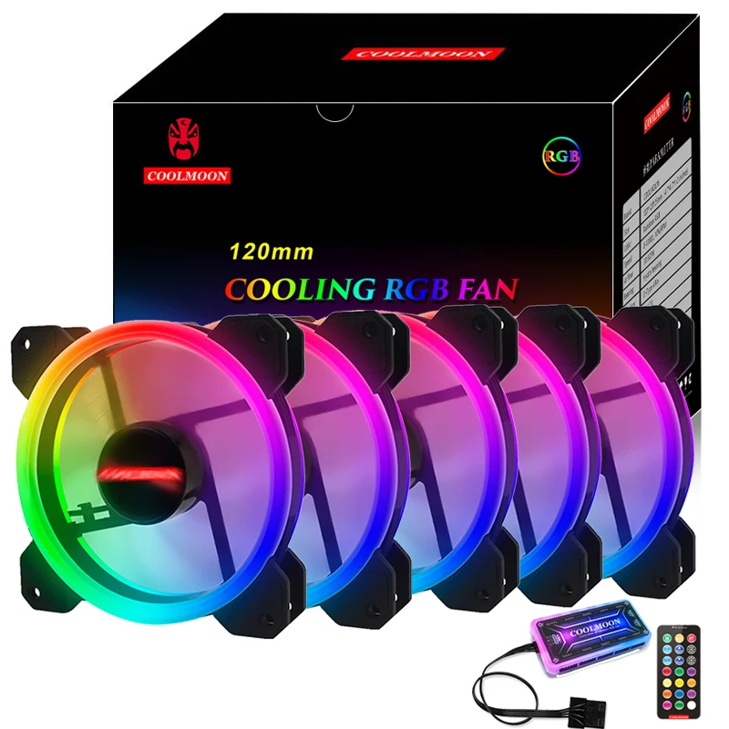 COOLMOON computer case fan 120MM RGB set 5fan +1controller cpu cooler cooling fan RGB