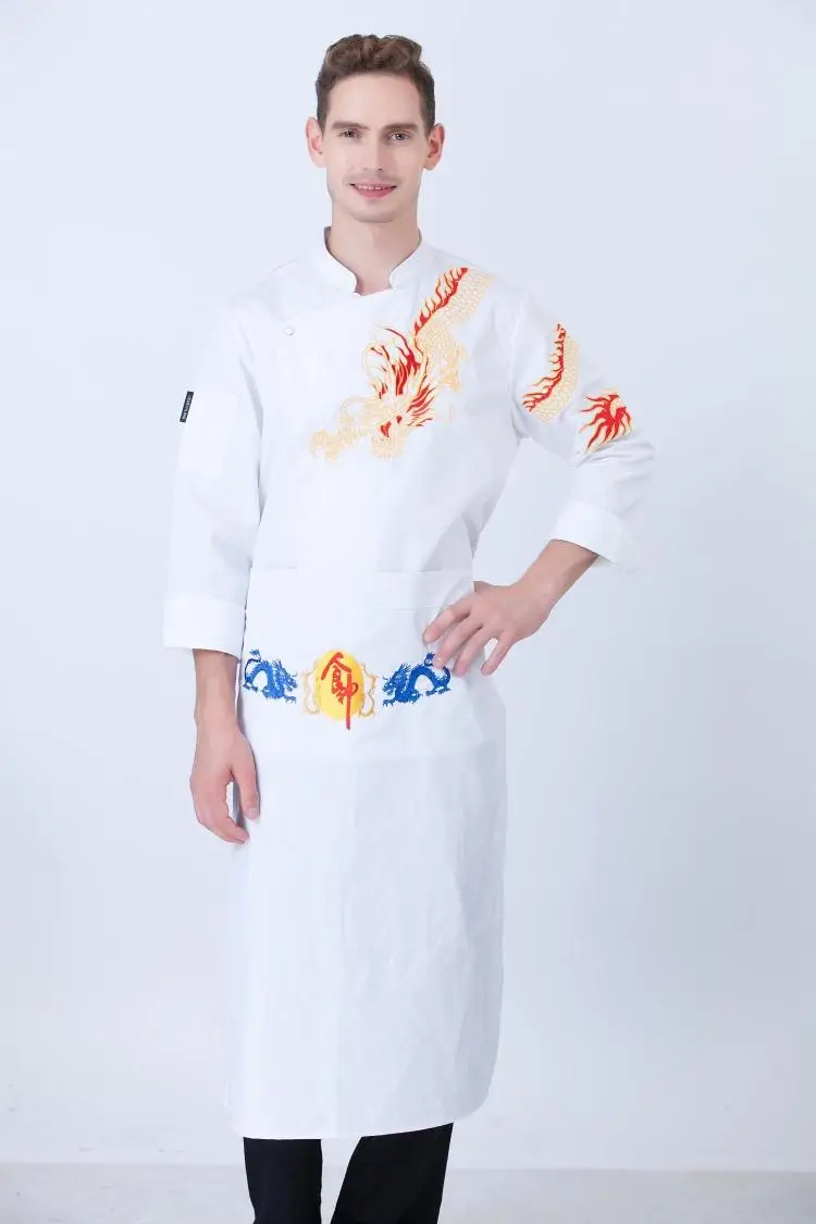 FLCH+YIGE Mens Fashion Dragon Chinese Style Unisex Chef Long Sleeve Coat Jacket