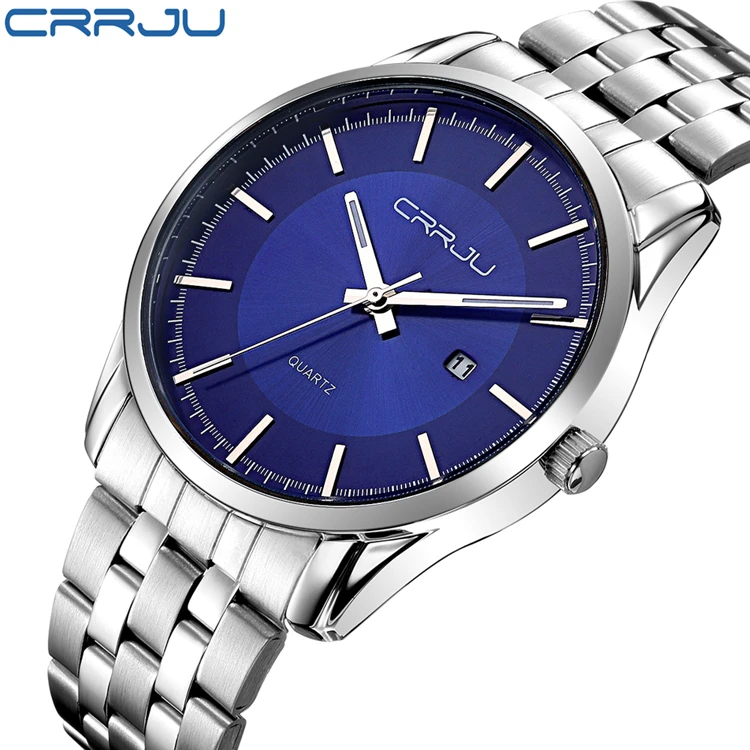 

New Brand Watch CRRJU Date Day Stainless Steel Relojes simple Watches Dress Men Casual Quartz Watch Sport Wristwatch Style