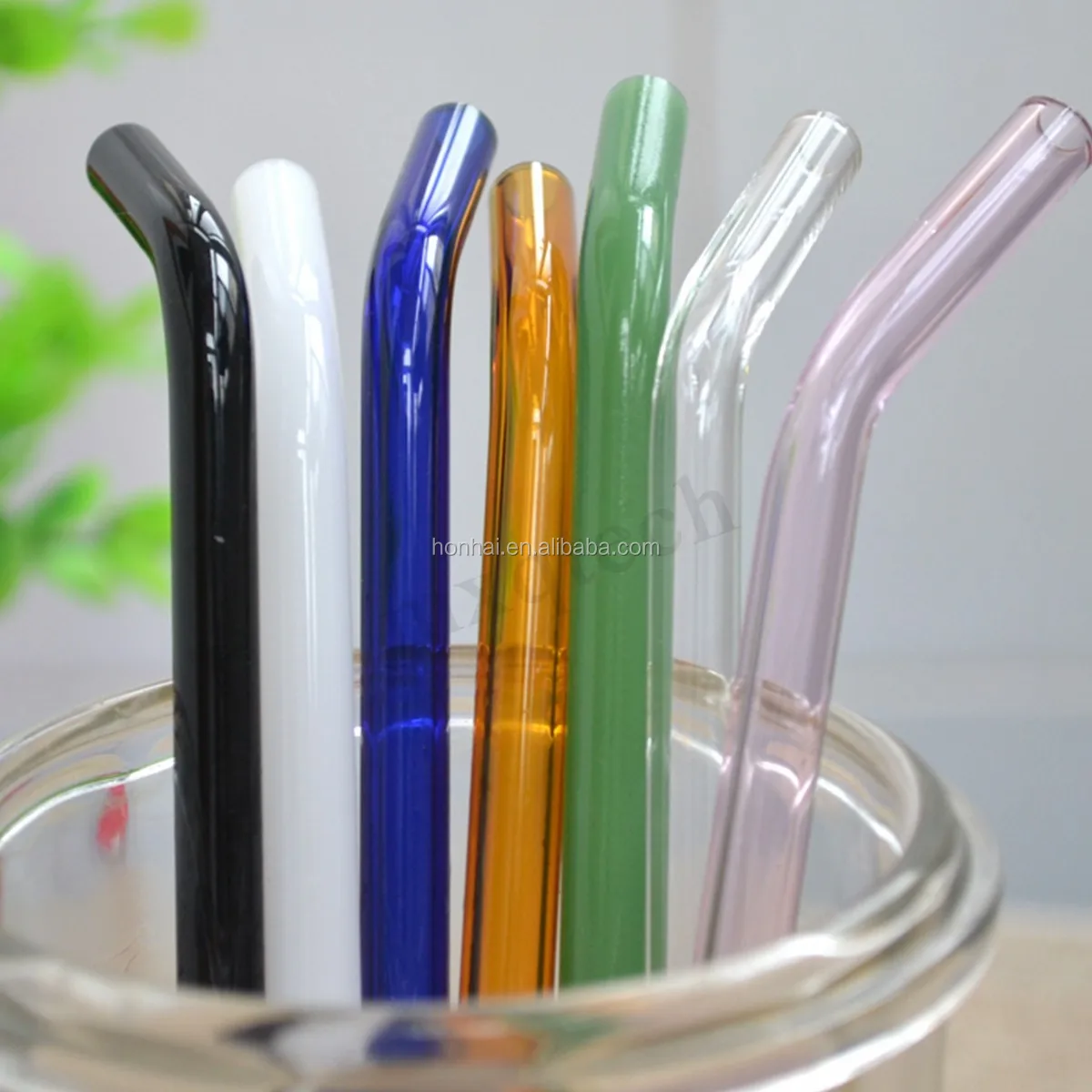 Reusable Bent Glass Drinking Straws Set Of 6 With 2 Cleaning Brushes