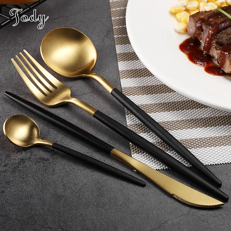 

18-10 Stainless Steel Cupitol Copper Black Handle Cutlery for Wedding Event Restaurant, Gold+black