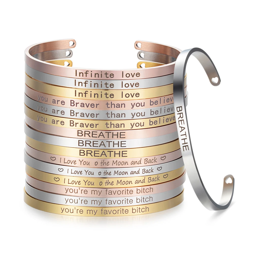 

Custom Logo 316L Stainless Steel Jewelry Engraved Inspirational Stamped Message Bangles Cuff Bracelets For Women SL-008