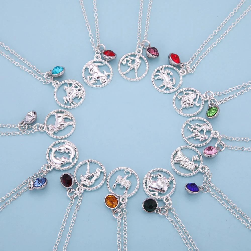 

Factory Women Ladies Girls Metal Zinc Alloy Jewelry Crystal Birthstone 12 Zodiac Aquarius Pendant Necklace, Silver plated