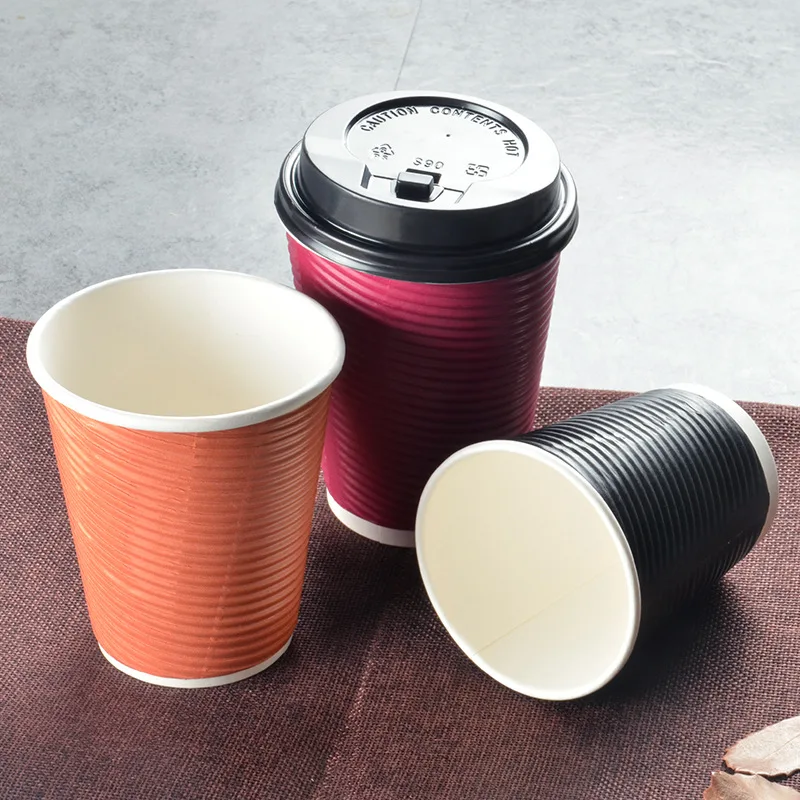 
8oz 10oz 12oz Hot Drink Biodegradable Ripple Wall Coffee Paper Cups with Lids 