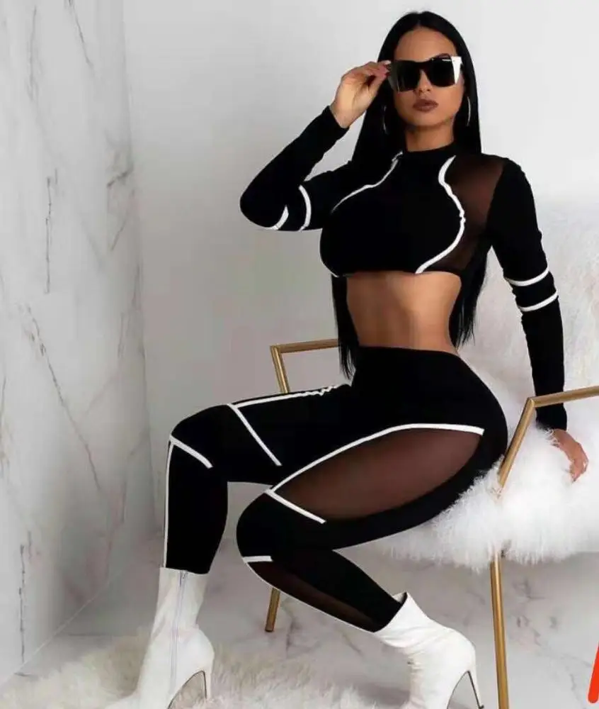 

2019 Black mesh long sleeve wholesale womens clothing Sexy evening Party Bodycon 2 piece bandage dress set