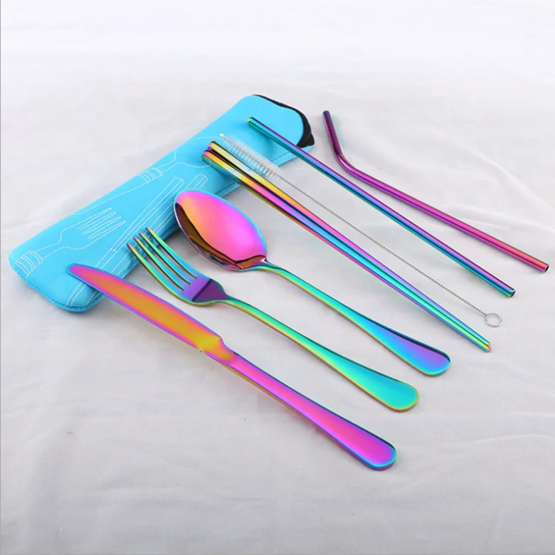 

Travel Dinnerware Set 8Pcs Stainless Steel Cutlery Silverware Sets Rainbow Student School Dinner Set With Straw Box Bag, As picture