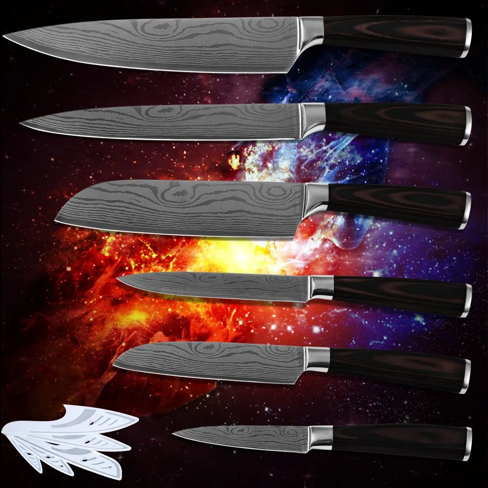 

Kitchenware StainlessSteel Kitchen Knives Laser Damascus Flowing Sand Pattern Pakka Wood Handle New Knife