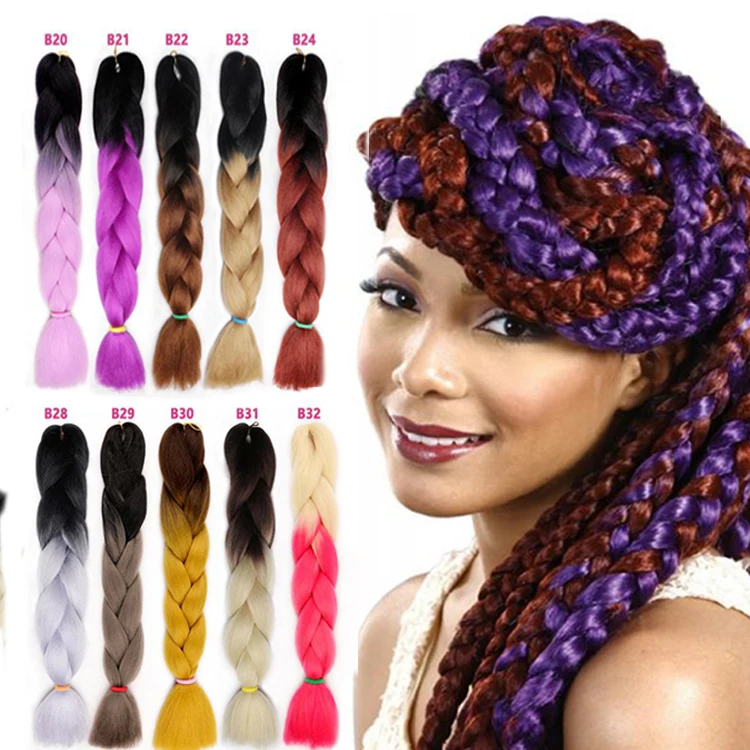 

Ombre Color Synthetic Hair Super Jumbo Braids 24 inch Synthetic Two Tone High Temperature X pression Crochet Braids, 64 colors avaialble