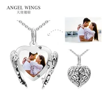 

Valentine Day Gift 925 Sterling Silver Customized DIY Personalized Angel Wing Open Heart Photo Frame Pendant Locket Charm