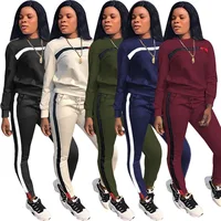 

New Arrivals Fashion Women Casual O-Neck Long Sleeve Sweater Tops long Pants Front Side Striped 2 Piece Set Tracksuit