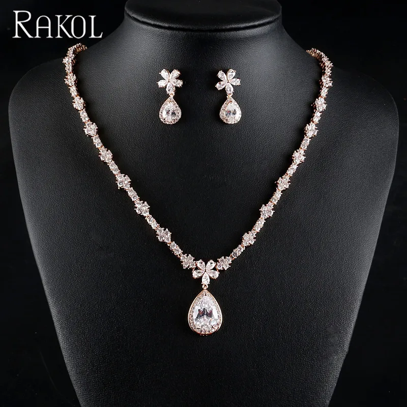 

RAKOL Europe Top Quality Tear Shaped Pendant Earrings Zircon Jewelry Set 2019 New Arrival S430, As picture