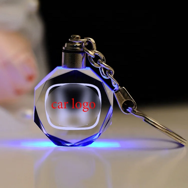 

wholesale blank k9 crystal glass keychains custom 3d laser engraving Led light car logo crystal keychain for promotion gifts