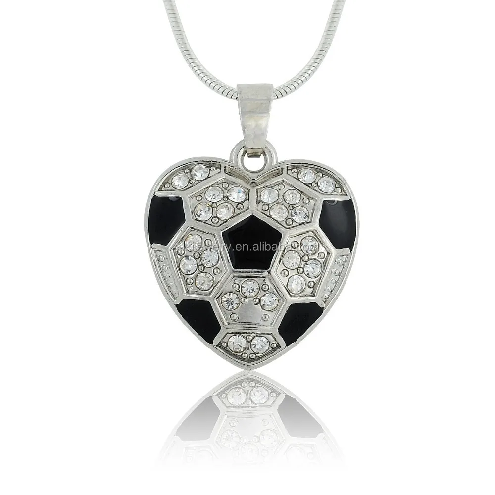 

New Arrival Sports Crystal Black Enamel Heart Shape Soccer Ball Pendant Necklace