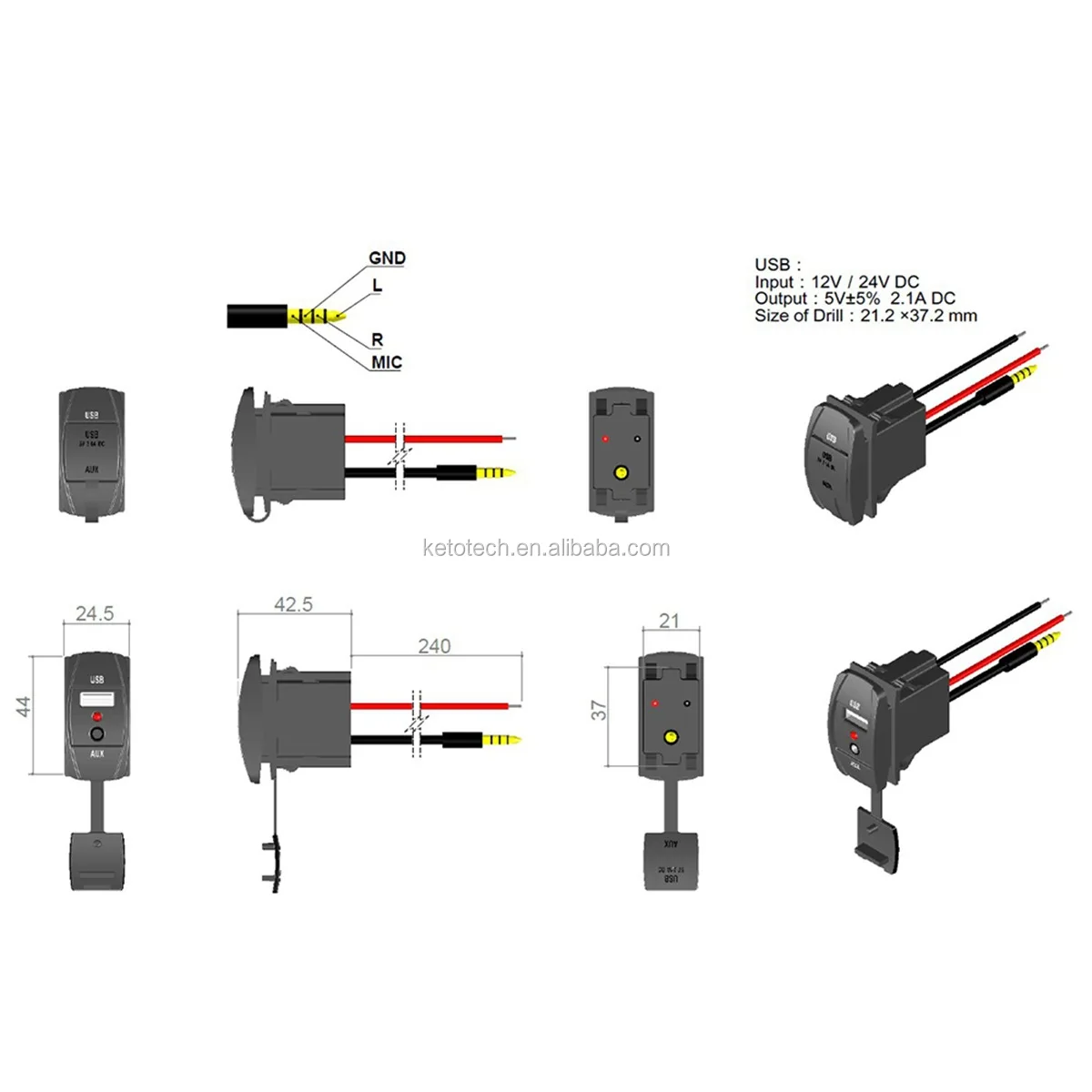 12v 24v Car Audio 3.5mm Aux Usb Socket Adapter With Extension Cable