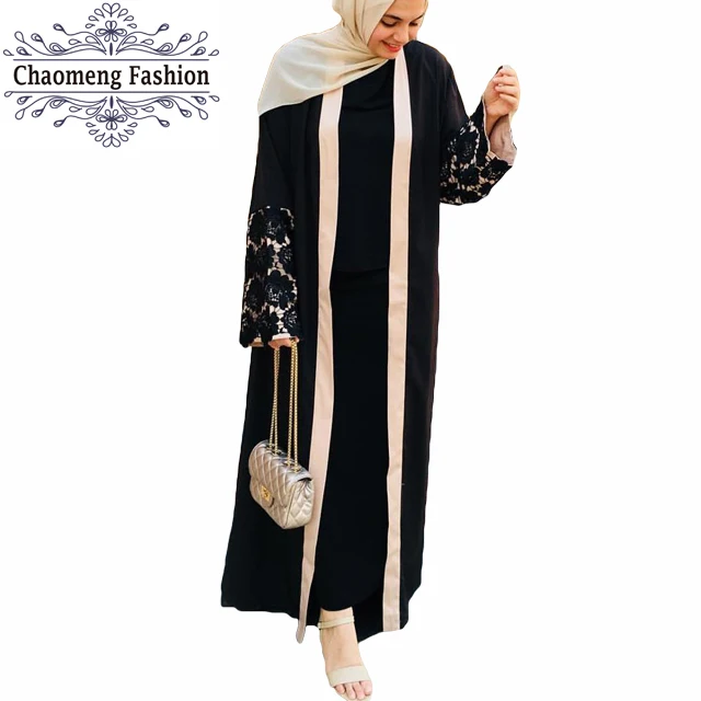 

1502# long lace sleeve kurti designs for stitching muslim new model wholesale islamic modest open dubai abaya, Black